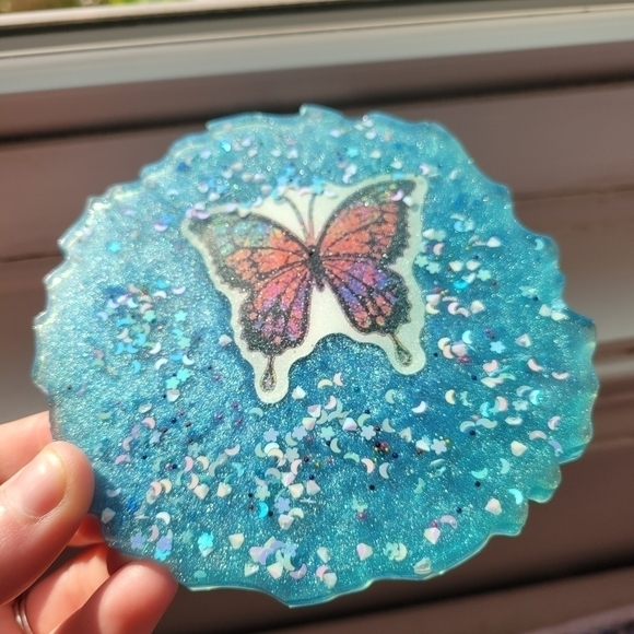 NEW Handmade Blue Resin Tray/ Coaster Piece With Butterfly And Moons Etc. - Picture 7 of 12